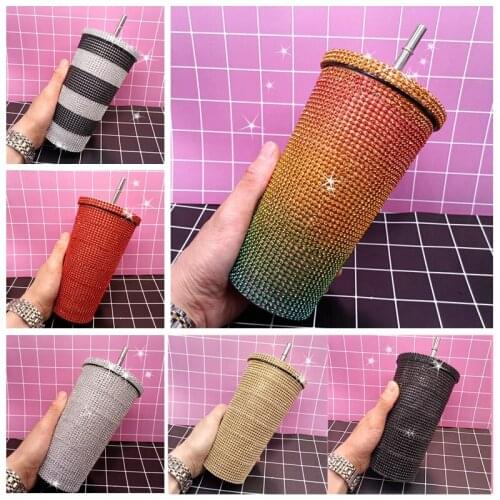2021 new full rhinestone vacuum flask office double-layer stainless steel coffee cup with straw anti-fall coffee cup