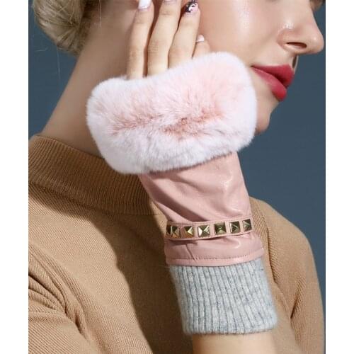 Gloves Womans Half Finger Leather Gloves Rabbit Hair Rivet High Quality Semi-Fingers Fingerless Mittens Female MK58