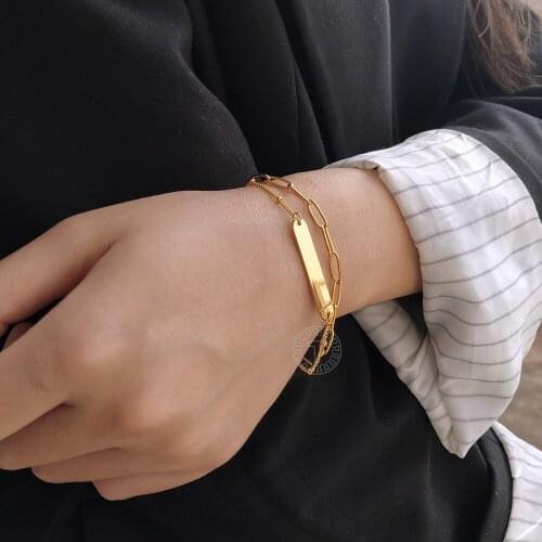 Personalized Bracelet for Women Gold Color Stainless Steel Engraving Paperclip Satellite Chain Jewelry Double Layered LDB314