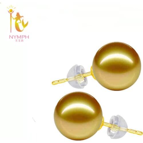 [NYMPH]Classic 18K yellow Gold SouthSea Pearls Stud Earrings 8.5-9.5mm Pearl Earrings For Women Round AU750 Fine Jewelry SE01