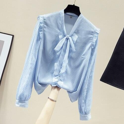 Long Sleeve Ruffles V-Neck Polka Dot Chiffon Blouse Tops Women Blusa Blouse Women Blusas Mujer De Moda 2021 Women Clothing D987