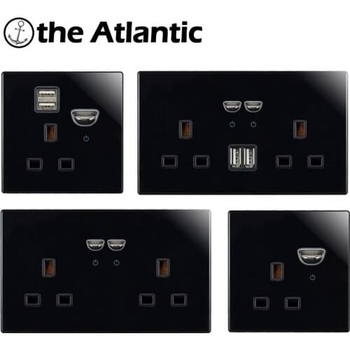 UK Plug Power Socket With USB Charger Wall Outlet Double Outlet Switch Black Glass Singapore Ireland Malta 146Type 13A Socket