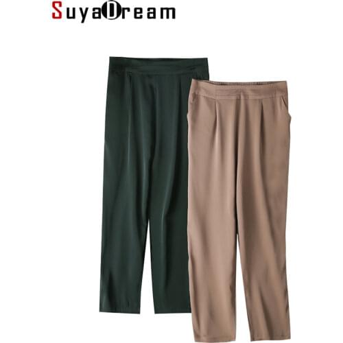SuyaDream Woman OL Pants Silk Double Joe Elastic and High Waist Solid Office Lady Pants 2021 Spring Summer ChicTrousers