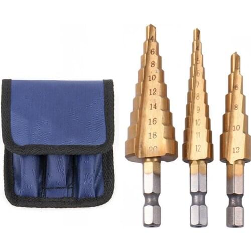 3pcs brocas prar HSS Metric 1/4 Hex Shank Titanium Coated Step Drill Bit Cutting Tool metal laque sharpener Drill Bit Set cone