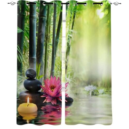 Green Bamboo Leaves Stone Lotus Candle Light Reflection Curtains For Living Room Window Curtains For Bedroom Curtains Drapes