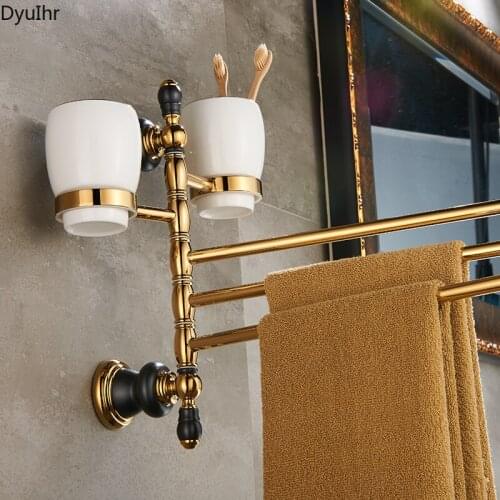 DyuIhr bathroom full copper gold rotating gargle ceramic cup movable towel bar black gold three cup holder bathroom accessories