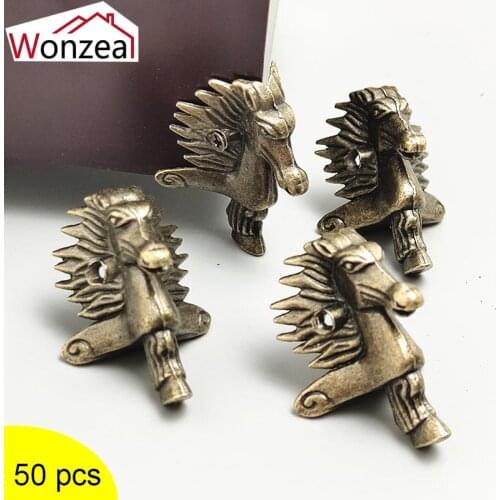 Wonzeal 50Pcs Antique Bronze Horse Head Jewelry Gift Box Wood Case Decorate Feet Leg Corner Protector Furniture Hardware 39*24mm