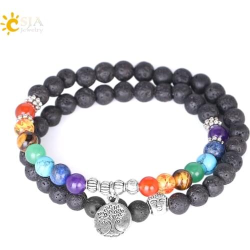 CSJA Women 7 Chakra Meditation Jewelry Natural Lava Rock Stone Beaded Bracelets Multilayers Life Tree Charm Strand Bracelet E871