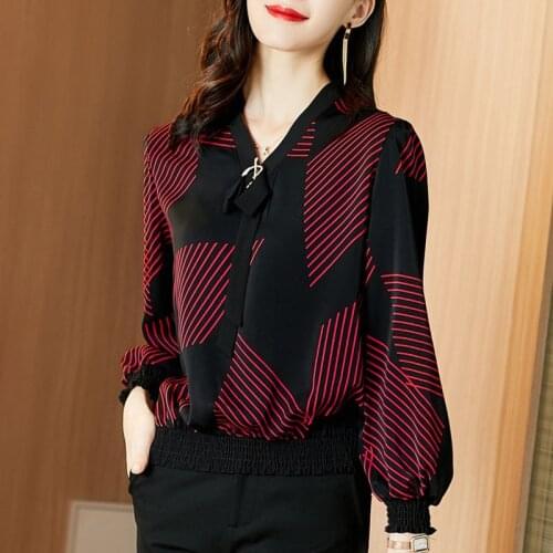 Women Spring Autumn Style Chiffon Blouses Shirts Lady Casual Loose Style Striped Printed Long Lantern Sleeve Blusas Tops ZZ0660