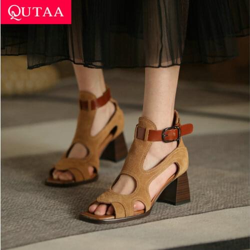 QUTAA 2021 Women Pumps Sewing Genuine Leather Cut Outs Sandals Summer Fashion Square High Heel Buckle Female Shoes Size 34-39