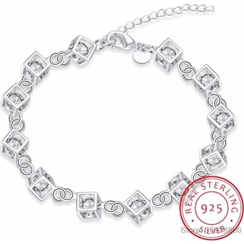 925 Sterling Silver Charm Bracelet Luxury Crystal Zirconia Square Cube Box Bracelet Pulseiras For Women Gift S-B236