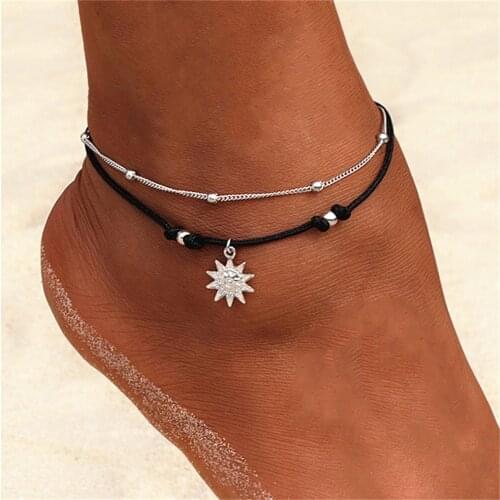 KISSWIFE Vintage Boho Multi Layer Beads Anklets For Women Fashion Sun Pendent Anklet Handmade Chain Foot Party Jewelry
