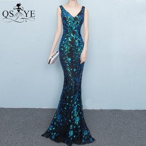 Long Deep V Neck Blue Evening Dresses Shiny Lace Prom Gown Mermaid Sleeveless Party Dress Sequin Lace Long Formal Gown Women