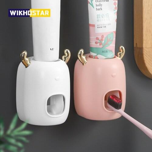 WIKHOSTAR Children Toothpaste Dispenser Cute Cartoon Toothpaste Squeezer Wall-Mounted Toothbrush Holder Bathroom Accessories Set