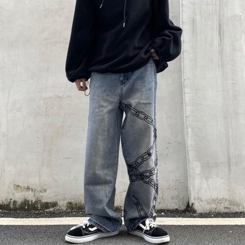 Jeans Men Women Chain Printed Loose Streetwear Hip Hop Trousers Straight Leg Jeans High Street