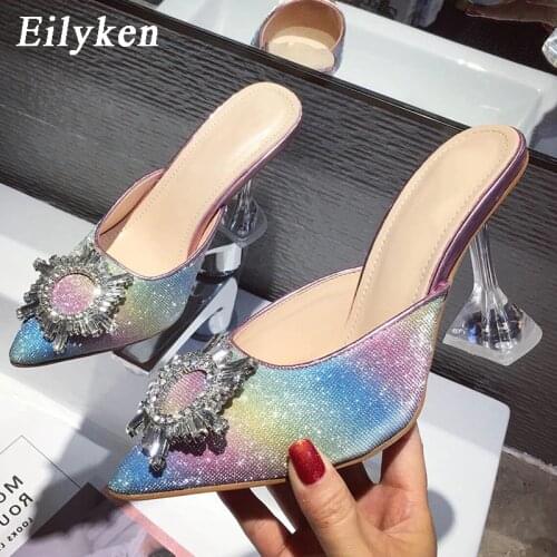 Eilyken Crystal Women Pumps Sandals Elegant Pointed Toe Rhinestone High Heels Shoes Bling Crystal Perspex Spike Heeled Mule