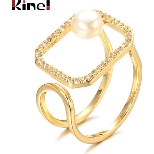 Kinel 2020 Trendy Style Zircon Open Ring Women Natural Pearl Geometric Rings Boho Ethnic Wedding Jewelry Wholesale