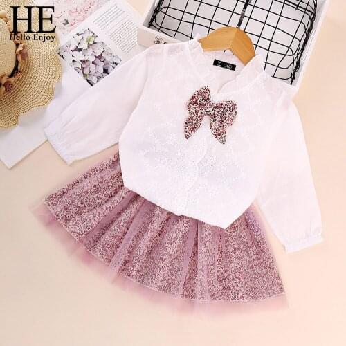 HE Hello Enjoy Girls Clothes Sets New Autumn Fashion Long Sleeve Cotton Bow Shirt + Mesh Skirt Casual School 2Pcs Girls Outfits
