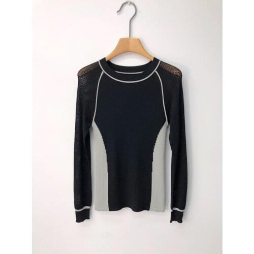Contrast Color Patchwork 10.21 Hollow Out Long Sleeve Pullover Knitted Top Women Slim Temperament Knitwear