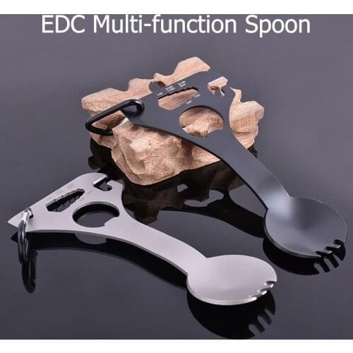 EDC Multifunctional Tableware Spoon Fork With Carabiner Camping Picnic Emergency Can Bottle Opener Wrench Travel Survival Tools
