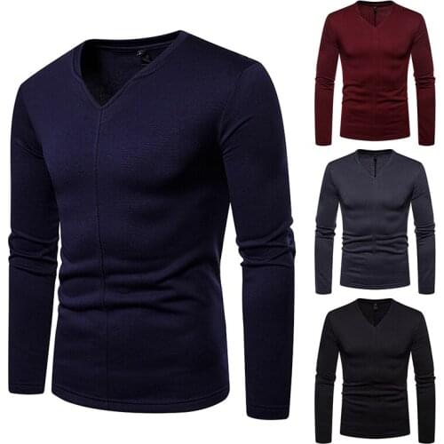 Mens Fleece T-Shirt Long Sleeve V-neck Solid Color Pullover Bottoming Shirt Casual Slim Type All-Matching Tops