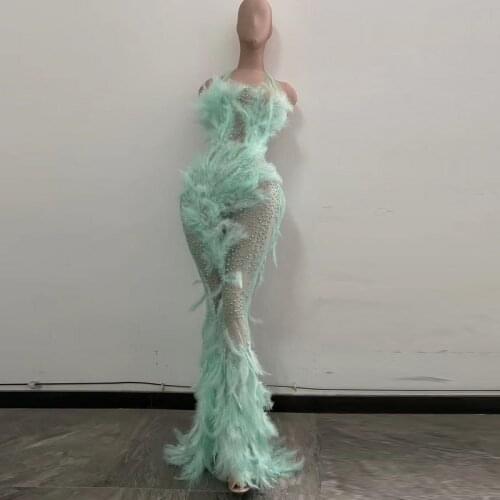 2020 New Green Rhinestones Feather Transparent Net Long Dress Birthday Celebrate Outfit Bar Prom Women Singer Dancer Dress