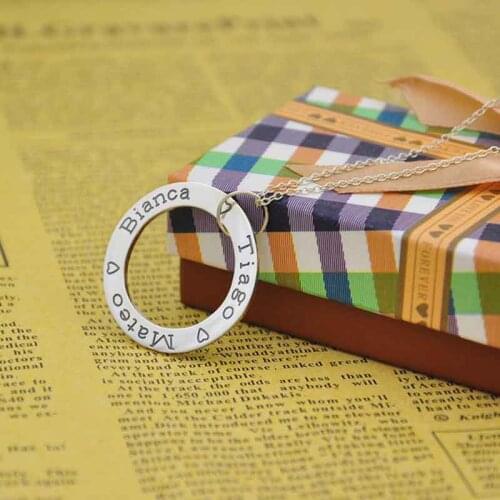 925 Solid Silver Necklace Engraved Name Circle Charm Personalized Nameplate BFF Pendent