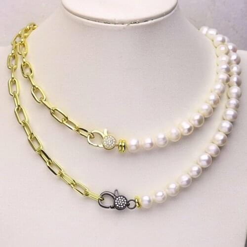 5 Strand 9-10mm Pearls necklace Handmade necklace link metal chain necklace women long necklace gift jewelry chain 9794