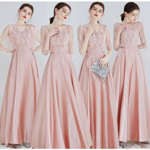Bridesmaids Dresses Illusion Sequined Floor-Length Half Luxury V-Neck Embroidery A-Line Tulle Pink Women Wedding Party Gown E159