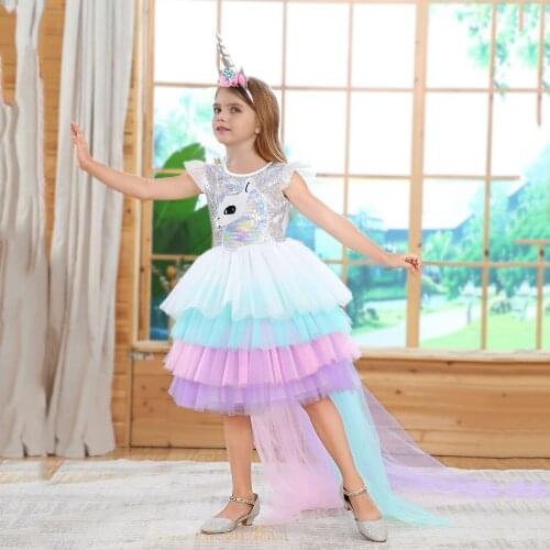 4 Color Girls Unicorn Princess Dress Long Tail Rainbow Mesh Ballet Tutu Cosplay Costume Purim Halloween Performance Costume