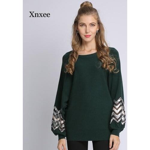 Silver Spring Striped Sequins Women Sweater Mesh Lantern Long Sleeve Pullover Knit Wear Fall Slim Elegant Casual Tops Blouses