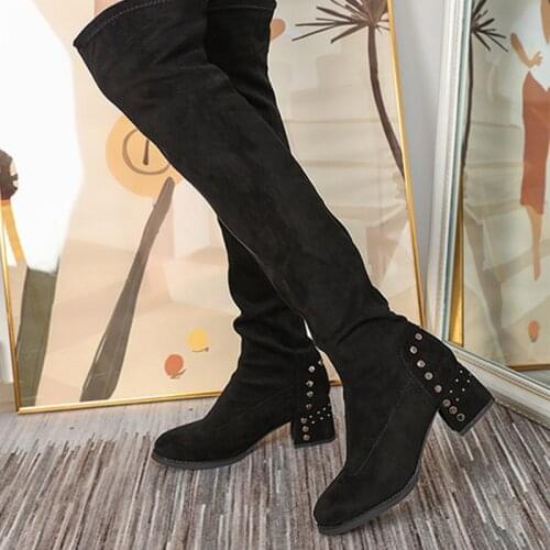 Womens Long Over The Knee Boots Ladies Square Heel Fashion Rivet Socks Boots 2021 Elastic Fabric Sexy Shoes Black Warm Footwear