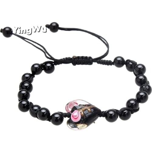Yingwu Fashion Natural Heart Glass Pendant Bracelet for Women Black Obsidian Stone Beaded Yoga Stretch Bracelets Bangles