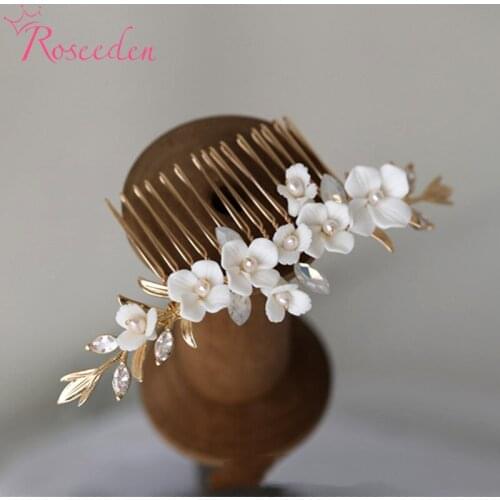 Wedding Accessories CZ Flower Headpieces Hairpins Women Bridal Jewelry Fresh Water Pearl Porcelain Hair Combs RE4356
