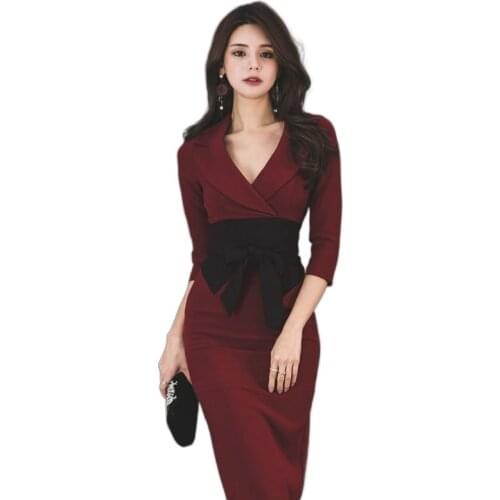 CINESSD Cotton Bag Hip Dress 2019 Women Autumn Notched Long Sleeve knee-length Bow Slim Waist Dress Vestidos Plus Size