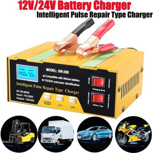 12V/24V Car Battery Tester Charger Intelligent Pulse Repair Charger Digital Display for Car Auto Motorcycle Battery EU UK US