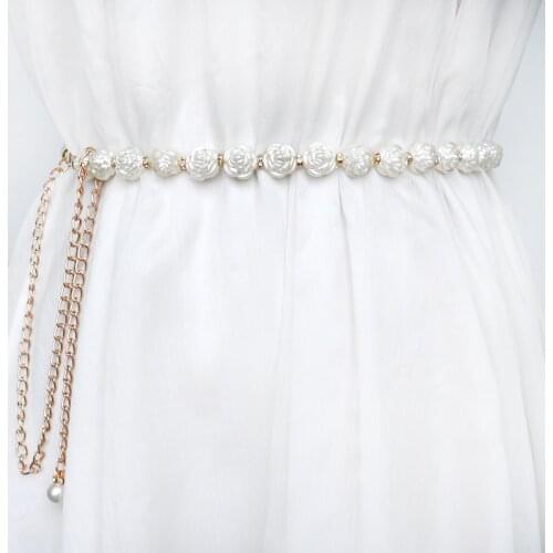 2021 hanfu belt elegant women pearl crystal belt waist flower elastic buckle chain female girls dress crystal strap waistband