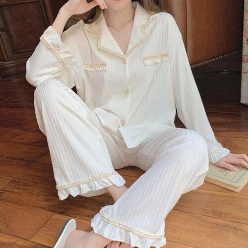 2021 Pajamas Womens Set Spring Autumn Long Sleeve Nightgown Cotton Pit Button Nightwear White Fashion Home Wear Sleepwear