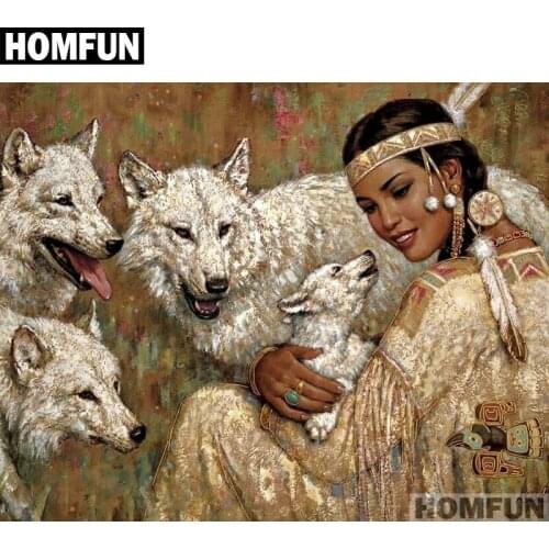 HOMFUN Full Square/Round Drill 5D DIY Diamond Painting "Indian girl & wolf" Embroidery Cross Stitch 5D Home Decor A01788