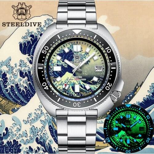 STEELDIVE Kanagawa Surfing 3D Printing Full Luminous Dial NH35 Automatic Mechanical 200M Diver Watch Men Sapphire Diver Watch