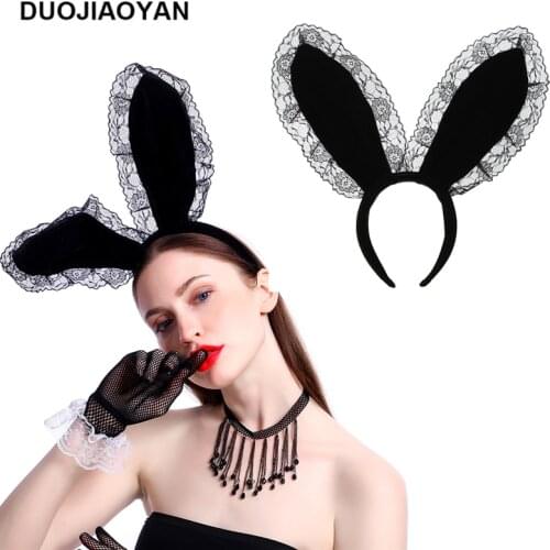 DUOJIAOYAN New Plush Lace Sexy Bunny Headband Long Rabbit Ears Headwear Cosplay Hair Band Party Costume Hoop