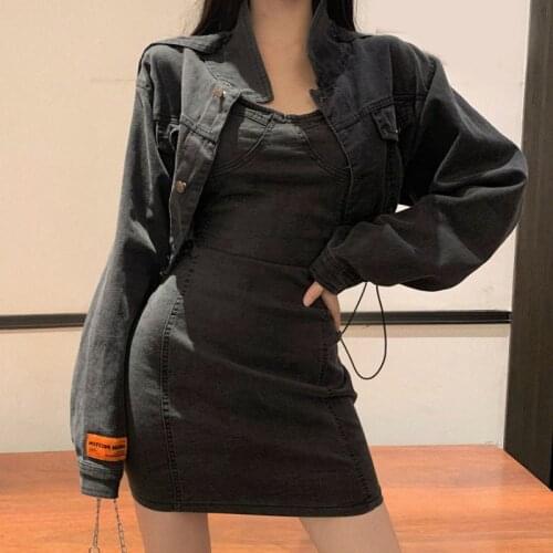 Two Piece Denim Clothes New Fashion High Street Denim Coat Temperament Jacket Sexy Sling Dress Womens Spring 2 Piece Outwear