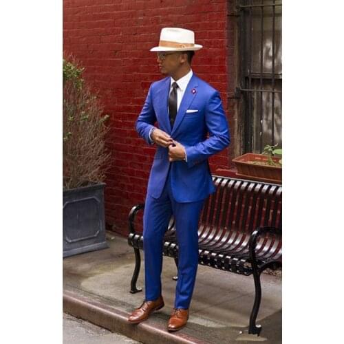 Classic Royal Blue Groom Tuxedos Cheap Slim Fit Notched Lapel 2020 Vintage Wedding Prom Men Suit ( jacket+Pants+tie)