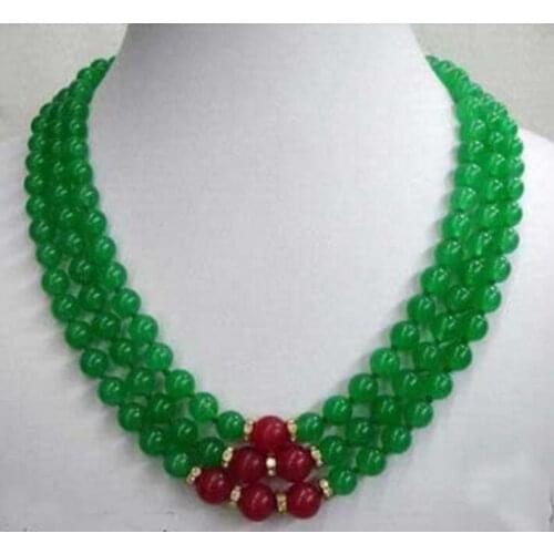 Beautiful Hand Made 8mm Green & Red bead 3Rows Necklace AAA
