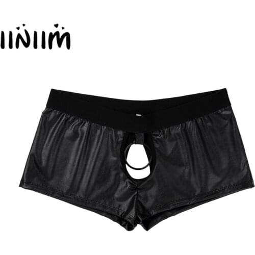 Iiniim Mens Lingerie Sissy Gay Panties Leather Cut Out Open Butt Crotchless Boxer Shorts Penis O-ring Sexy Knickers Underwear