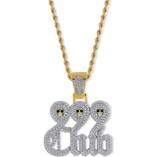 Mens Skull 999 Iced Out Pendant Necklace AAA Cubic Zirconia Hip Hop Rock Jewelry with Twist Chain
