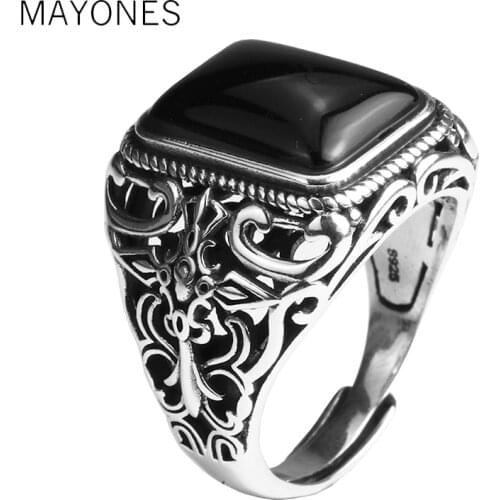 Genuine 925 Sterling Silver Vintage Rings For Men Natural Black Onyx Stone Square Shape Hollow Cross Flower Carved Punk Jewelry