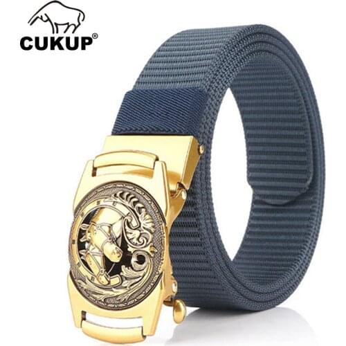 CUKUP Mens Unique Design Double Horse Gold Buckle Metal Canvas & Nylon Belt Clothing Accessories Quality Belts for Men CBCK253