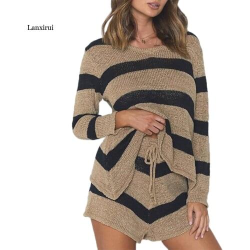 Long Sleeve Striped Printed Women Two Piece Set O-Neck Knitted Tops Drawstring High Waist Shorts Lady Sweaters 2PCS Sets