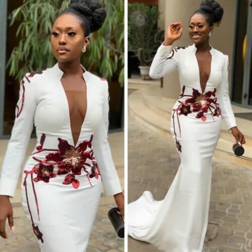 2019 Black Plus Size Special Occasion Dresses Mermaid Sweep Train Long Sleeve Gowns Evening V-neck Formal Party Gown Mothers Br